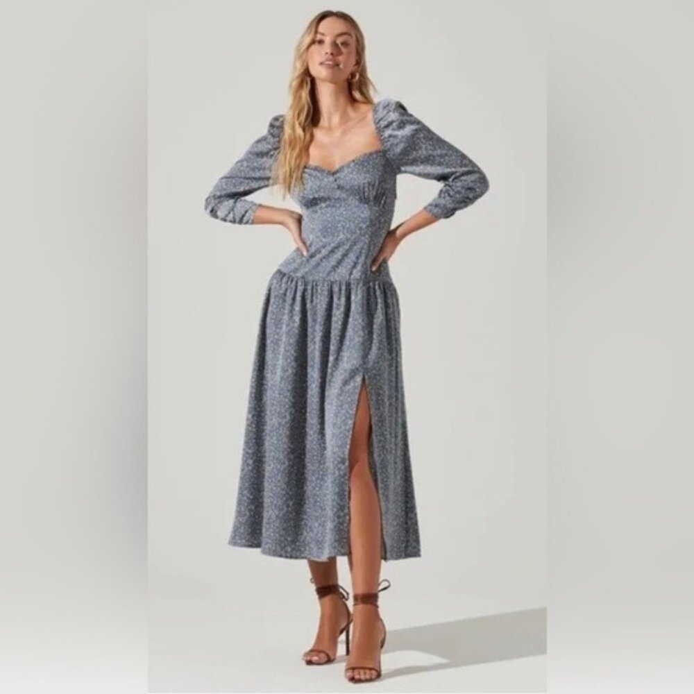 ASTR the Label Midi Dress Blue Floral Drop Waist Puff Long Sleeve XS Cottagecore
